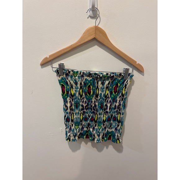 Anthropologie Tops - Anthropologie Ikat Smocked Tube Top XS Teal Yellow Pink Cotton Strapless Crop